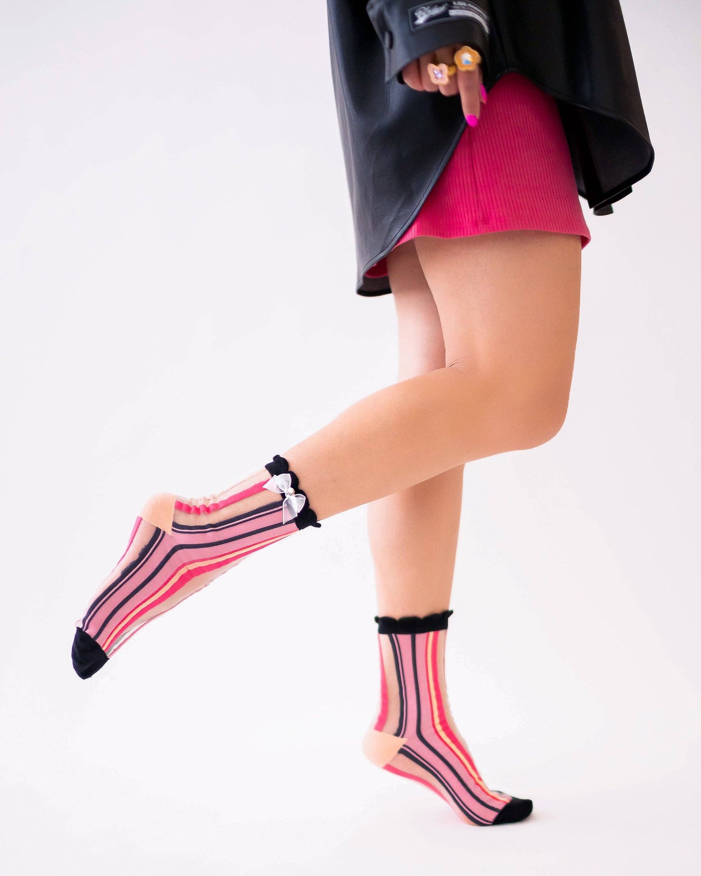 Parisian Stripe Ruffle Bow Sheer Crew Sock